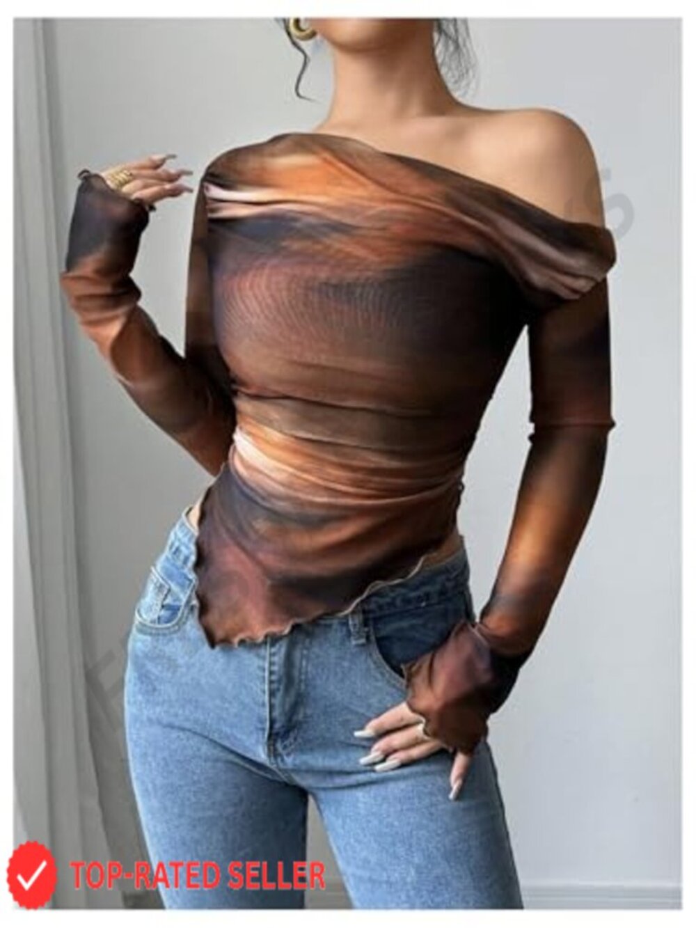 Off Shoulder Mesh Top Long Sleeve Asymmetrical Hem Ruched Fitted Tee Tie Dye - Picture 3 of 5
